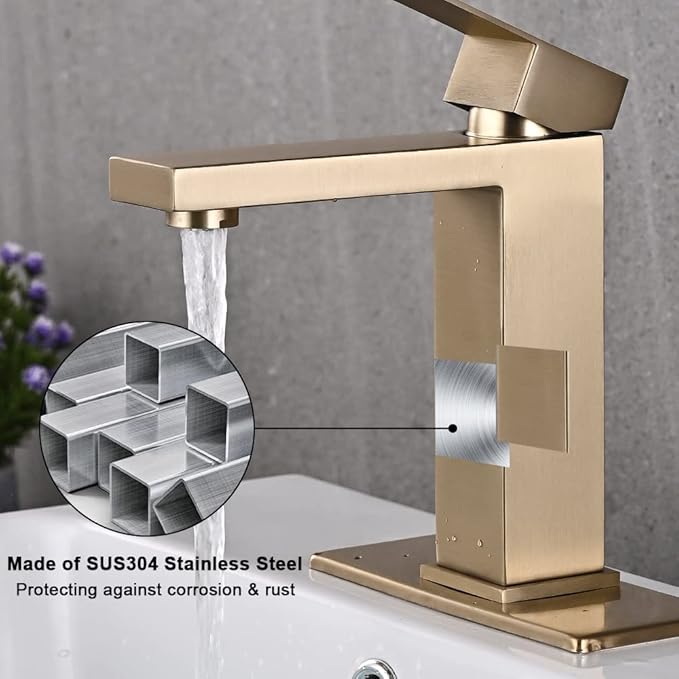 Brushed Gold Bathroom Faucet, Golden Single Hole Vanity Bath Faucet, Single Handle Modern Stainless Steel Bathroom Faucets for Sink 1 Hole with Pop Up Drain Stopper & Water Supply Hoses