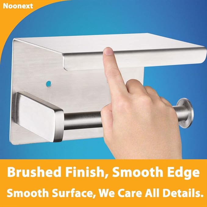 Adhesive Toilet Paper Holder with Shelf, Toilet Paper Roll Holder Wall Mounted, Fits Mega Roll, Stainless Steel Tissue Roll Dispenser Storage No Drilling (Brushed Nickel)