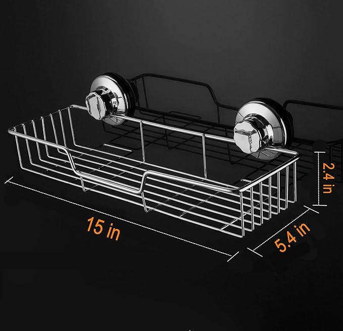Suction Cups Compact Shower Caddy Bath Shelf with Hooks, Rustproof Stainless Steel Rectangle Storage Basket for Bathroom Kitchen Organizer, 2 Pack