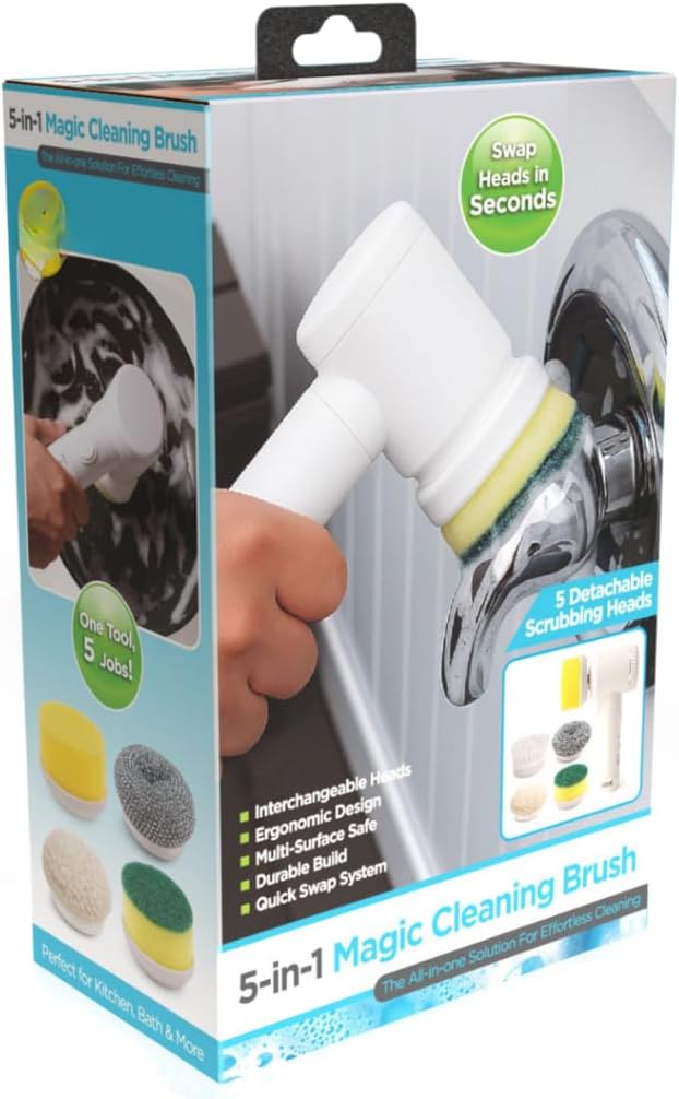 USB Rechargeable 5 in 1 Magic Electric Cleaning Brush - Spin Scrubber for Cleaning with 5 Interchangeable Heads, Electric Scrub Brush for Kitchen, Bath, Multi-Surface Use, Ergonomic Design