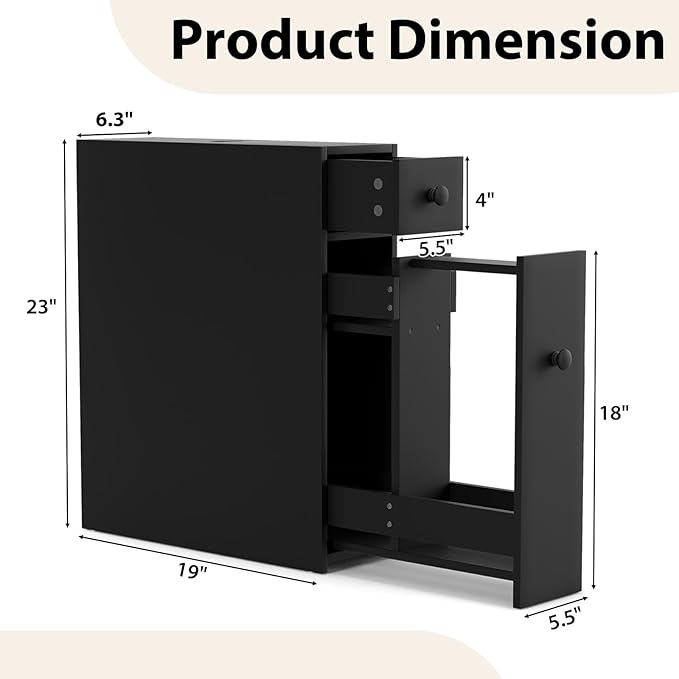 Tangkula Slim Bathroom Cabinet, Free-Standing Storage Cabinet with Slide Out Drawers, Narrow Floor Home Organizer Next to Toilet, Bathroom Toilet Paper Holder, 19 x 6.5 x 23 Inch (Black)