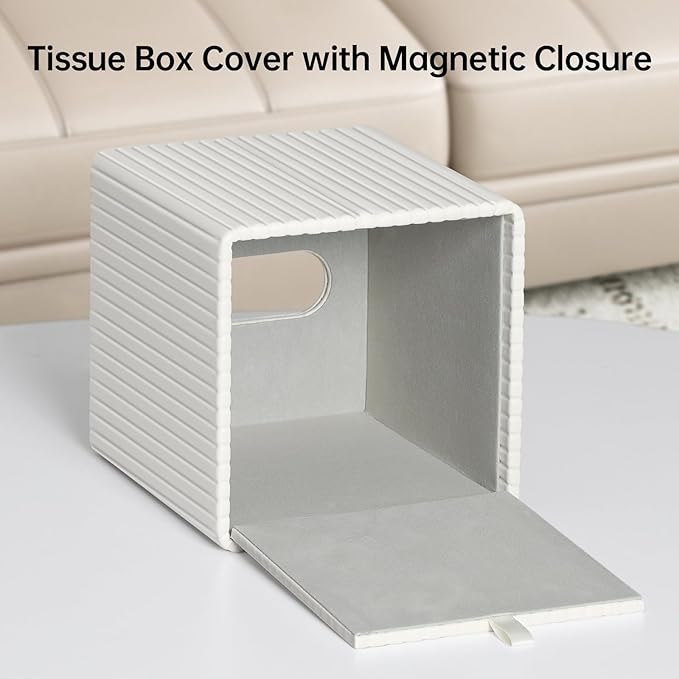 PU Leather Tissue Box Cover Square Tissue Box Holder with Magnetic Closure (Ivory Stripe)