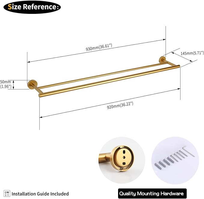 GERZWY 36-Inch Bathroom Double Towel Bar Gold Stainless Steel Towel Rack Wall Mounted Bath Towel Rod