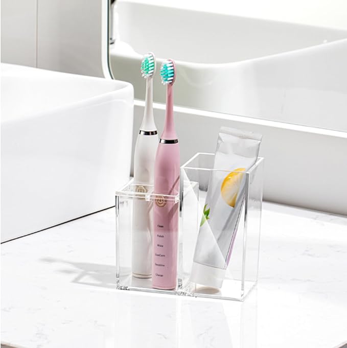 Clear Acrylic Toothbrush Holder, 5 Slots Bathroom Organizer, Countertop Storage Stand with Toothpaste Compartment