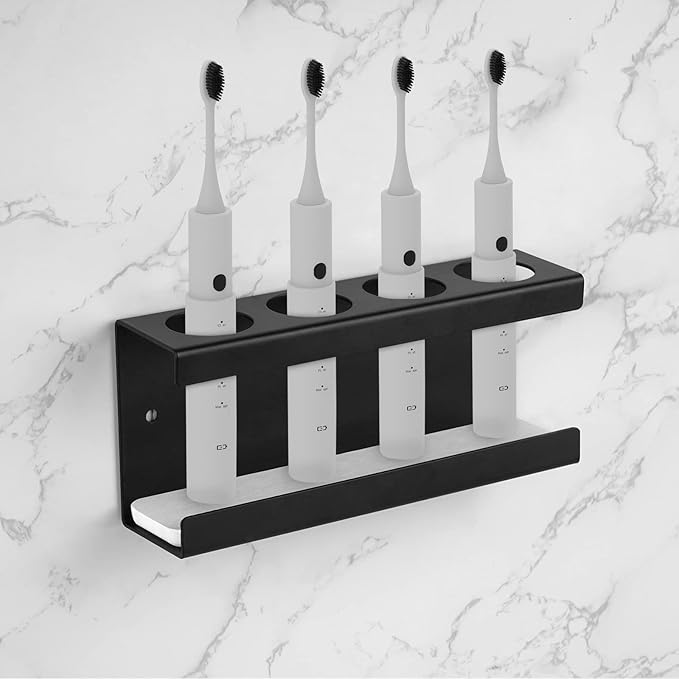 Wall Mounted Electric Toothbrush Holder, 4 Slots Stand with Diatomite Dish, Storage Rack Compatible with AquaSonic Black Series, Kingheroes Sonic, Oral-B (Black)