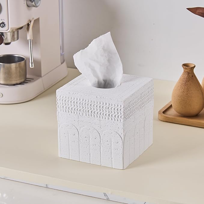 White Tissue Box Cover – Classic Carved Square Resin Tissue Box Holder – Heavy Duty Decorative Home & Bathroom Decor for Countertop, Tabletop, Night Stand, Office