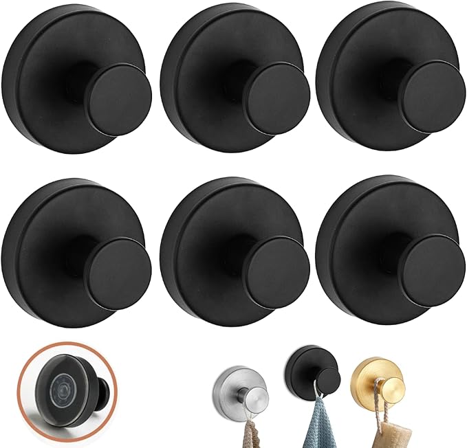 Luxe Hold No-Drill Hooks, 2024 Upgraded Suction Cup Hooks, Stainless Steel Waterproof Suction Cup Hooks for Shower, Bathroom, Hanging Towels, Mounting on Glass Shower Doors, Tile, Mirrors (Black*6)