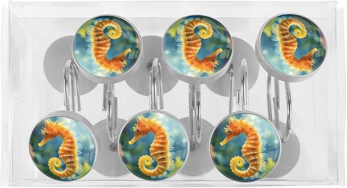 12 Pcs Seahorse Shower Curtain Hooks,Rust Proof Glass Surface Stainless Steel Curtain Rings for Bathroom Bedroom Living Room Kitchen Home Shower Rods Decor