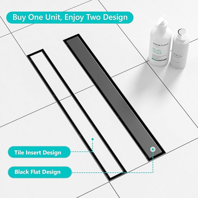 Neodrain 32 in Matte Black Linear Shower Drain- with 2-in-1 Flat & Tile Insert Cover, 304 Stainless Steel Rectangle Shower Floor Drain,Floor Shower Drain