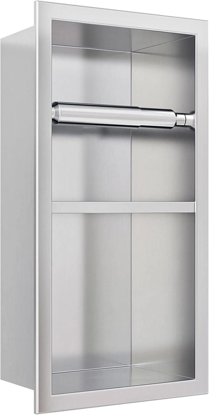 Recessed Toilet Paper Holder, 304 Stainless Steel Bathroom Toilet Paper Holder with Storage, in Wall Tissue Toilet Roll Holder, Brushed Nickel