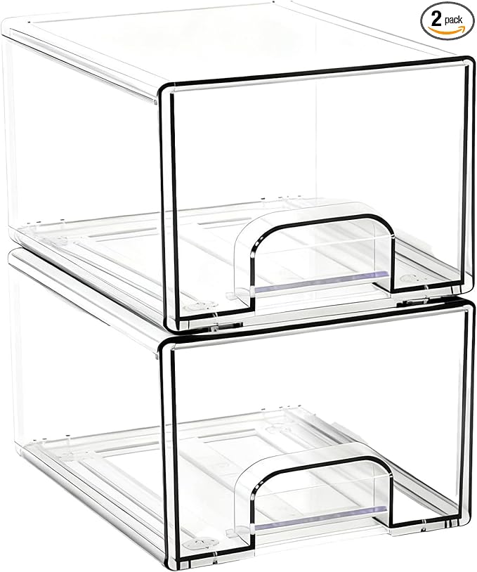 2 Pack Clear Stackable Storage Drawers, Bathroom Organizers and Storage, Makeup Organizer, Acrylic Medicine Cabinet Bins for Vanity, Countertop, Pantry