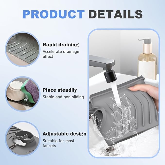 Kitchen Sink Faucet Mat, 2025 New Foldable Faucet Mat for Kitchen Sink, 30in Silicone Faucet Guard & Draining Mat Keep Countertops Dry Splash Guard (Gray, 30in)