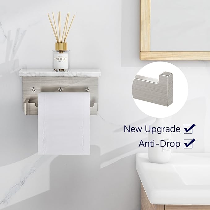 Toilet Paper Holder with Shelf, Extended Base Wall Mounted, Marble Toilet Roll Holder Brushed Nickel for Bathroom Washroom
