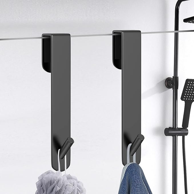 Shower Door Hook, Extended Length Frameless Shower Door Hook (7 Inches), Heavy-Duty Bathrobe Towel Stainless Steel Hook, No Drilling or Adhesive Required, 2-Pack,Black