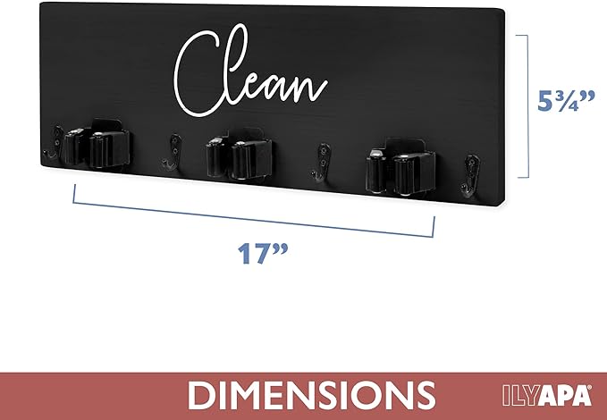 Ilyapa Mop and Broom Holder Wall Mount, Black Wall Hanging Wooden Brooms and Mops Organizer, Kitchen & Laundry Room Broom Hanger Organizer Storage Rack