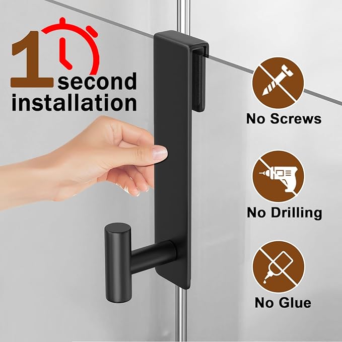 Shower Door Hooks, Heavy Duty Rack Hooks for Robe, Stainless Steel Towel Hooks for Bathroom, Fits Frameless Glass Shower Doors up to 3/8" (10mm) Thick (Black, 2 Pack)