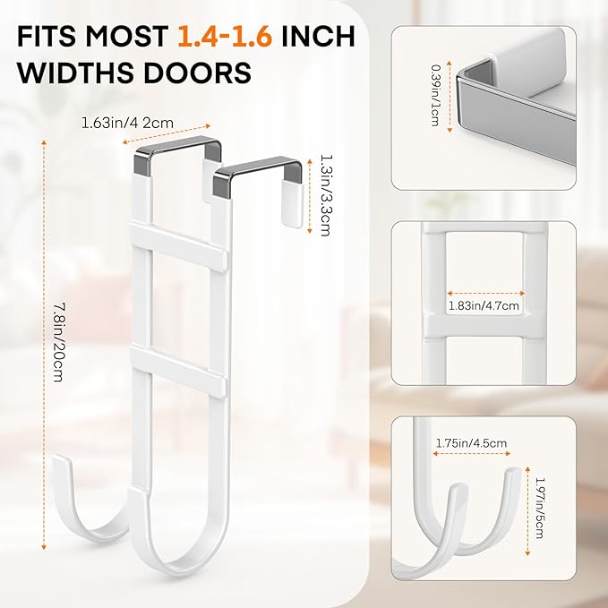 FYY Over The Door Hooks - 4 Pack Heavy Duty Dual-Hook Organizer Hanger with Non-Slip Rubber for Towels, Clothes, Hats & Bags Use in Bathroom, Bedroom, Kitchen - Fits Interior Doors Up to 1.6" White