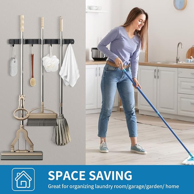 2 Pack Broom Hanger and Mop Holder, Heavy Duty Garden Tool Organizer Rack Rake and Shovel Handle, Stainless Steel Wall Mounted Utility Rack with Screws (5 Racks with 4 Hooks, Matte Black).