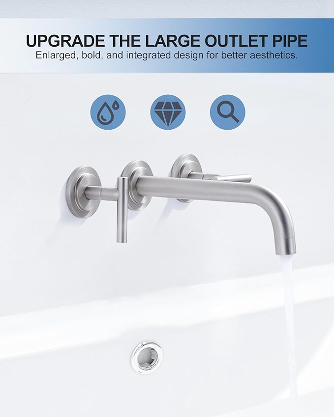 WOWOW Wall Mount Bathroom Faucet, Brushed Nickel, Modern Style, 3 Hole, Dual Lever Handles, Drip Proof, Stainless Steel, Chrome Finish