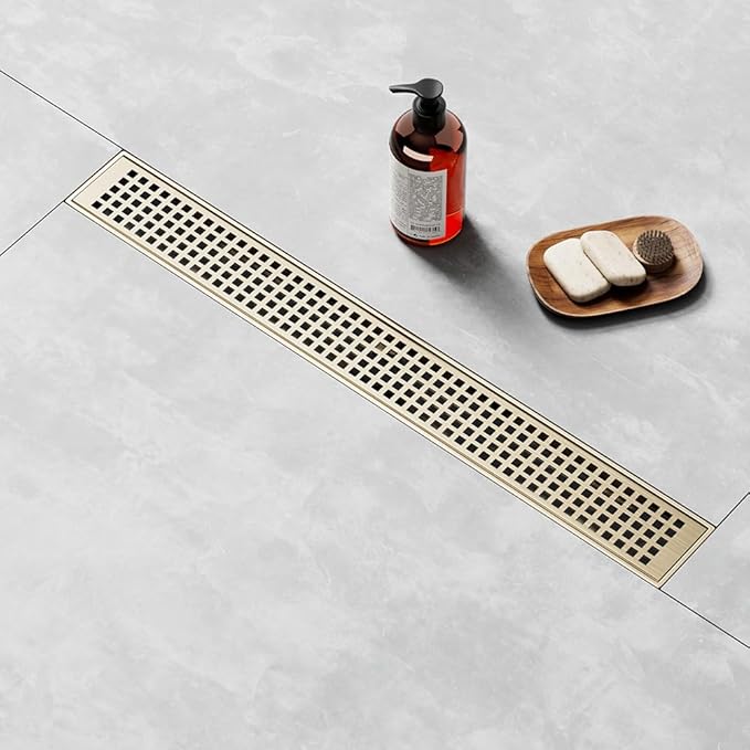 Linear Shower Drain 60 Inch Gold, Brushed AISI 304 Stainless Steel Shower Drain with Square Hole Panel, for Bathroom, Kitchen, Garage & More