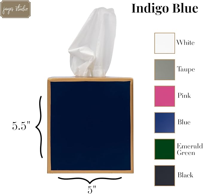 Jaye’s Studio Decorative Tissue Box Holder Square – Indigo Blue Tissue Box Cover Gold Tissue Holder for Bathroom Accessories Countertop, Farmhouse Bedroom Decor, Office Metal Tissue Box Covers Cube