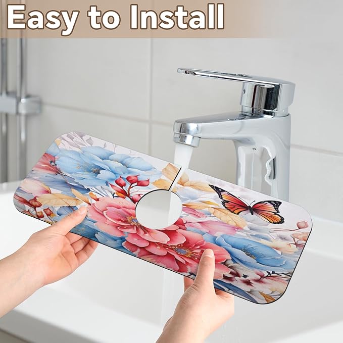 Pastel Flower Fusion Kitchen Faucet Mat Splash Guard, 15.4”x5.7” Absorbent Quick Drying Sink Mat for Countertop Protection, Draining Mat Sink Protectors For Kitchen Bathroom, 2 Pack