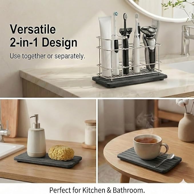 Toothbrush Holder for Bathroom Countertop, Stainless Steel Electric Toothbrush Organizer with Quick-Drying Diatomite Stone Mat, Rustproof Vanity Caddy for Toothpaste and Razors, Grey
