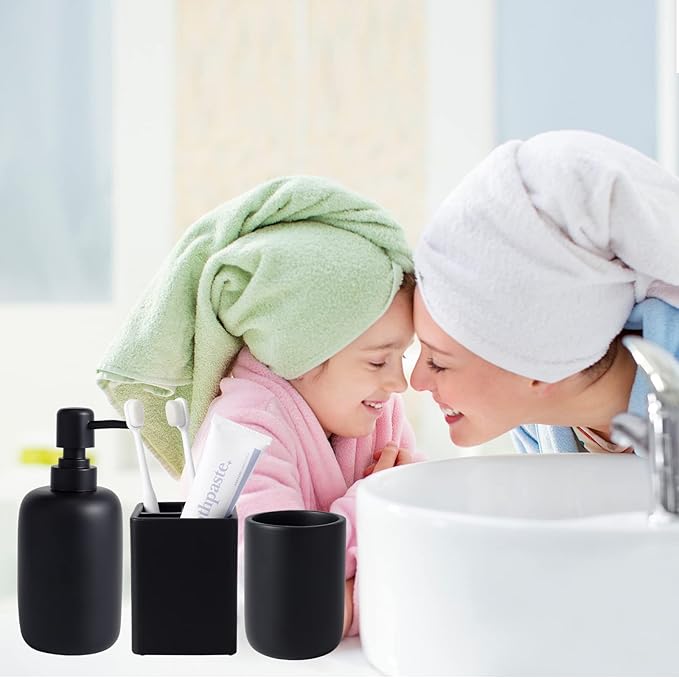 Resin Matte Black Bathroom Accessories Set of 5, Lotion Soap Dispenser, Bathroom Organizer Accessory, Toothbrush Holder, Self Draining Soap Dish and Bathroom Tumbler for Modern Home Decor