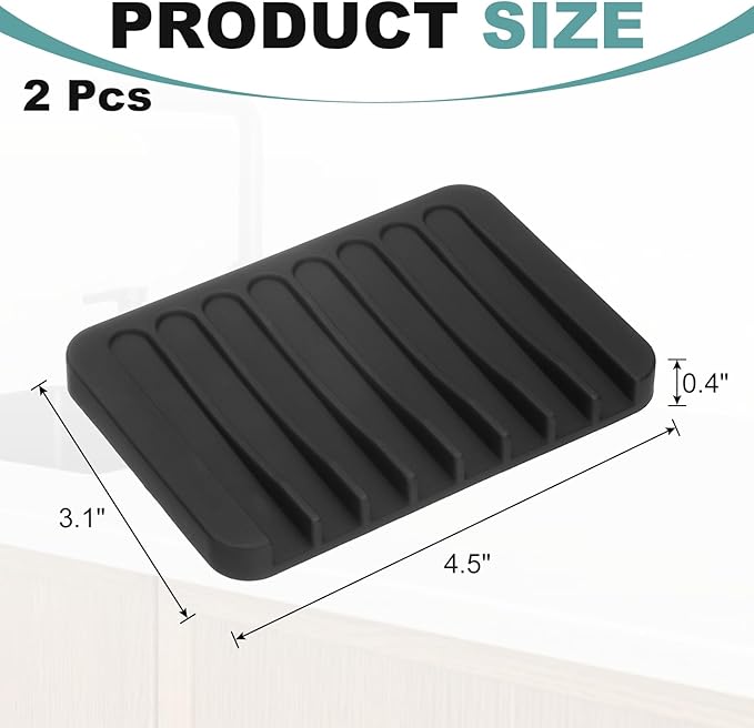 uxcell 2 Pcs Self Draining Silicone Soap Dish, Soap Tray with Drainage for Bathroom Shower Kitchen Sink, 4.5" x 3.1" x 0.4", Black