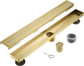 Sharp-tec Linear Shower Drain, 24 inch Shower Drain with Removable Pattern Cover, Brushed Gold 304 Stainless Steel Rectangle Floor Drain, Adjustable Feet and Hair Strainer Included