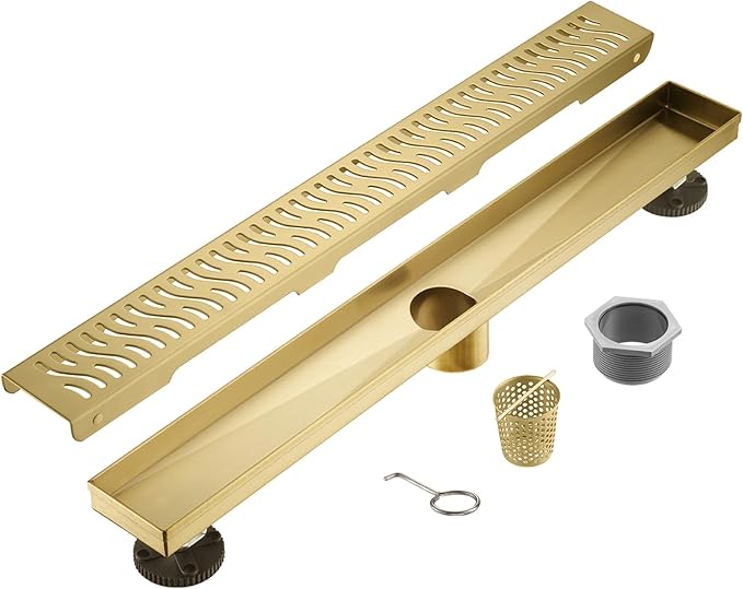Sharp-tec Linear Shower Drain, 32 inch Shower Drain with Removable Pattern Cover, Brushed Gold 304 Stainless Steel Rectangle Floor Drain, Adjustable Feet and Hair Strainer Included