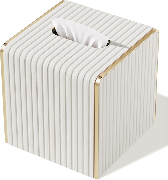 Tissue Box Cover,White Square Leather Tissue Box Holders with Gold-Tone Edging Decoration, Tissue Vessel for Bathroom Toilet Bedroom Living Room Table Desk Office,Modern Home Decor