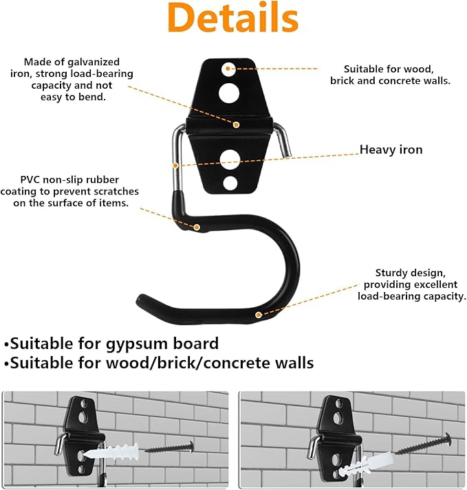 16 Pack Metal Garage Hooks S Hooks Heavy Duty Metal Large S Hooks and Broom and Mop Holder for Mop Shovel Rake Shed Garden Lawn Yard（Black）