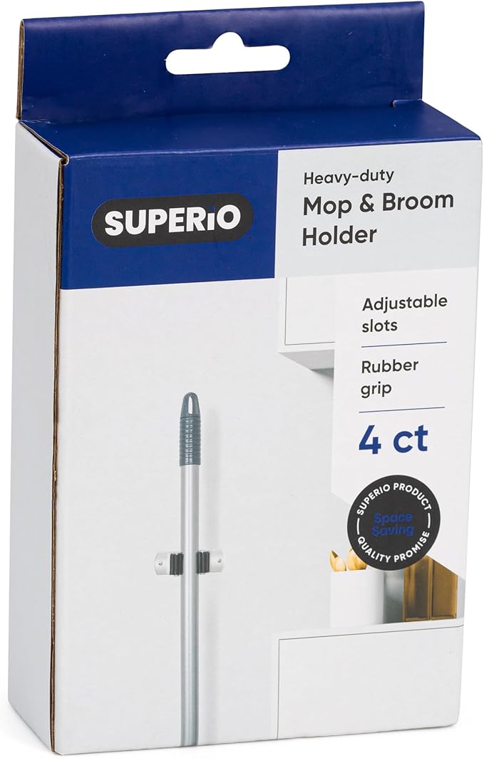 Superio Mop and Broom Holder, Set of 4 Single Piece Hooks, Stainless Steel Wall Mount Cleaning Storage Tool Organizer, Heavy-Duty Hook for Kitchen, Closet Garage, and Office