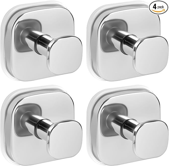 Suction Cup Hooks for Shower, No-Drill Towel Hooks for Bathrooms, Kitchen, Glass Door, Mirror, Tile, Shower Suction Hooks for Hanging Towels, Robe, Loofah, Christmas Wreath (Chrome, 4 Pack)