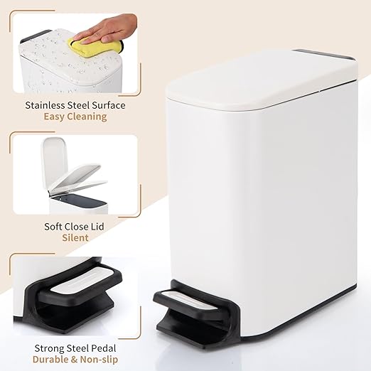 Slim Bathroom Trash Can with Soft Close Lid, Step Pedal, Removable Inner Bucket, Small Trash Can,6 Liter / 1.6 Gallon, Fingerprint-Resistant Small Garbage Bin for Bedroom, Office, Kitchen (White)