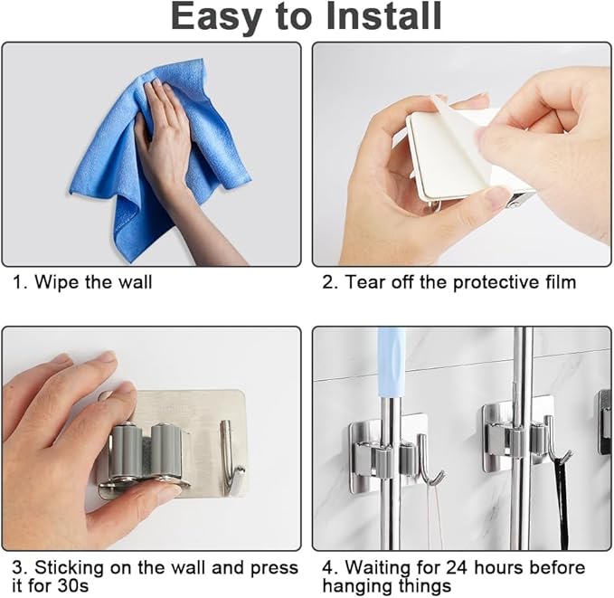 4 Pack Self Adhesive Broom Holder Wall Mount, Heavy Duty Mop Holders No Drill, 2 in 1 Broom Holder with Storage for Laundry Room, Garage, Bathroom, Closet Kitchen, Garden Organization