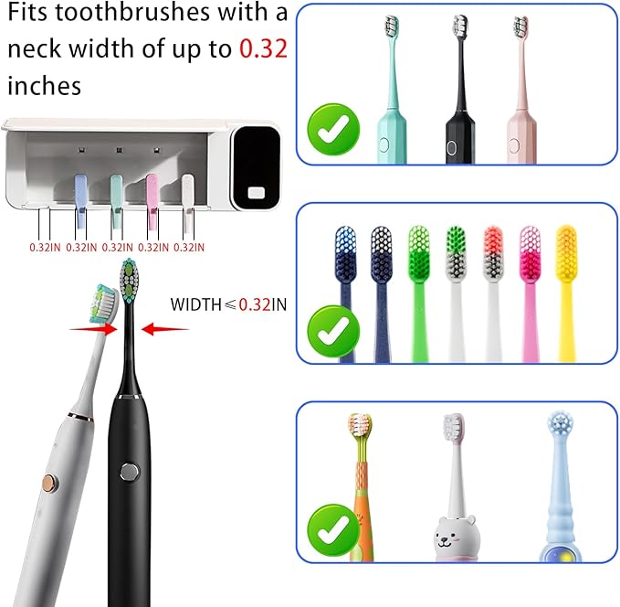 Sanitizeri Toothbrush Cleaner with 5 Slots, Rechargeable Wall Mounted Toothbrush Holders for Bathroom Family, No Drilling Smart Timer Function Auto Cleaning, Birthday Gift Pick