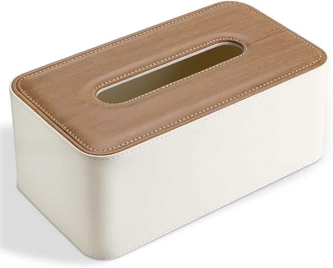 KINGFOM Tissue Box Cover, PU Leather Tissue Box Holder Rectangular, Modern Facial Tissue Paper Napkin Dispenser for Bathroom, Home, Office, Car Automotive Decoration with Magnetic Lid Light Beige