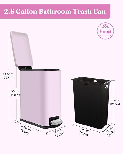 Small Bathroom Trash Can with Lid, 10L/2.6 Gallon Stainless Steel Garbage Can with Removable Inner Bucket, Soft Close, Step Pedal, Home/Bathroom/Kitchen, Pink