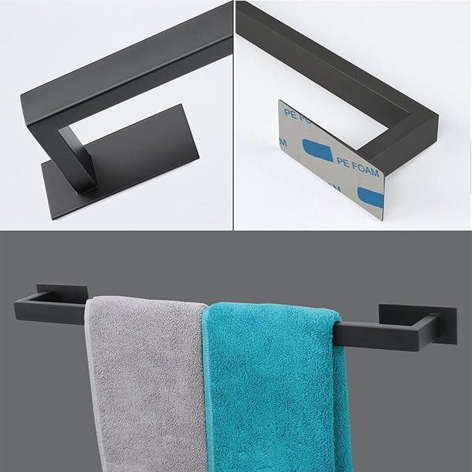 5 Pieces Self Adhesive Bathroom Hardware Set-SUS304 Stainless Steel-Towel Rack Set Include 24″Towel Bar+Toilet Paper Holder+3 Towel/Robe Hooks Bathroom Accessory Towel Bar Set (Black, 24 in)