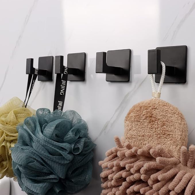 Bath Towel Hook,4 Pack Self Adhesive Square Coat Hooks, Sturdy No Drilling Robe Hook, Heavy Duty Aluminum Clothes Hanger, Wall Hooks for Bathroom Bedroom Kitchen (2 Inch,Black)