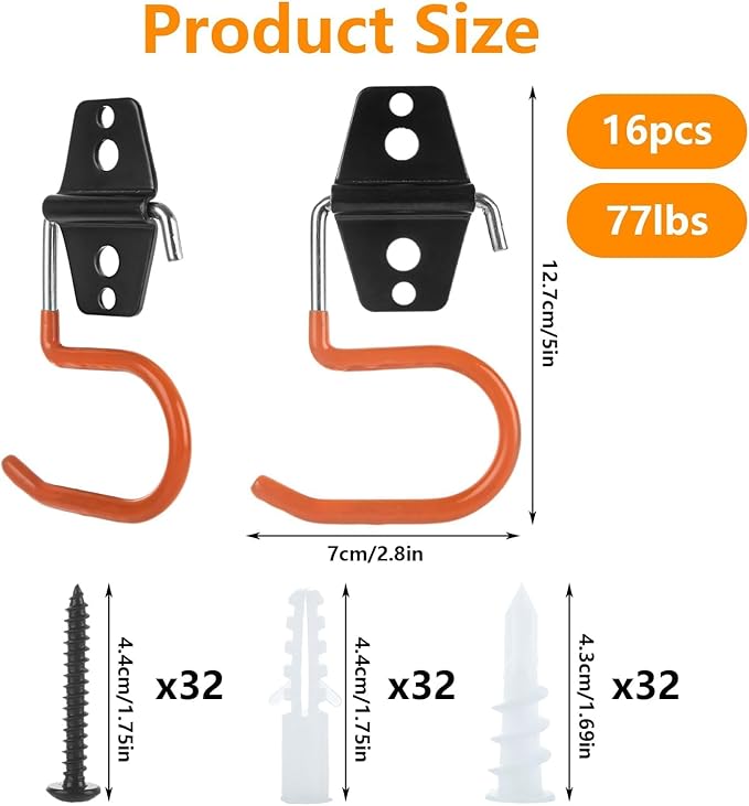 16 Pack Metal Garage Hooks S Hooks Heavy Duty Metal Large S Hooks and Broom and Mop Holder Broom Hooks for Mop Shovel Rake Shed Garden Lawn Yard(Orange)