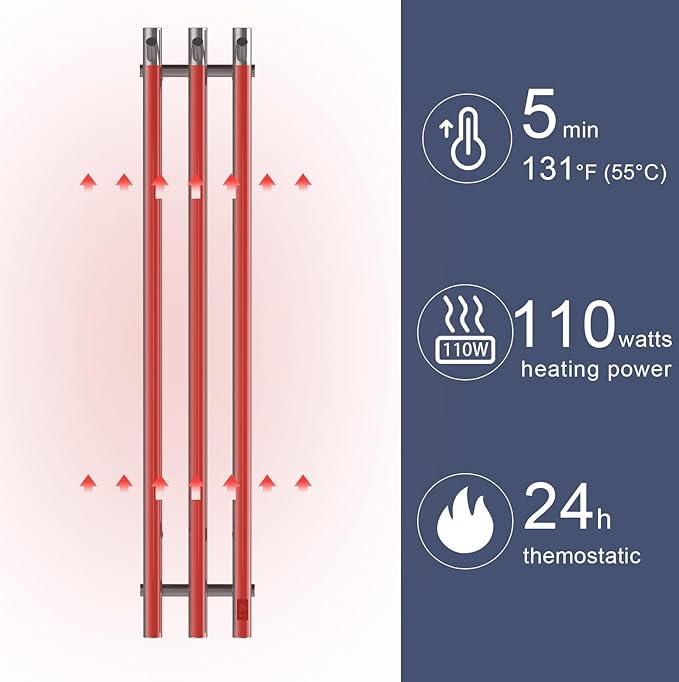 Electric Heated Towel Rack with Timer, Wall-Mounted Towel Warmer, 3 Vertical Bars, Silver, Plug-in or Hardwired, 38 Inch Height, Round Design (Polish)