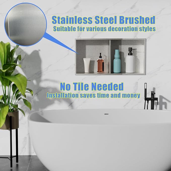 Stainless Steel no Tile Needed Metal Niche,Double Shelves，Stainless Steel Finished Shower Insert Wall Niche(Brush, 24 * 12 in)