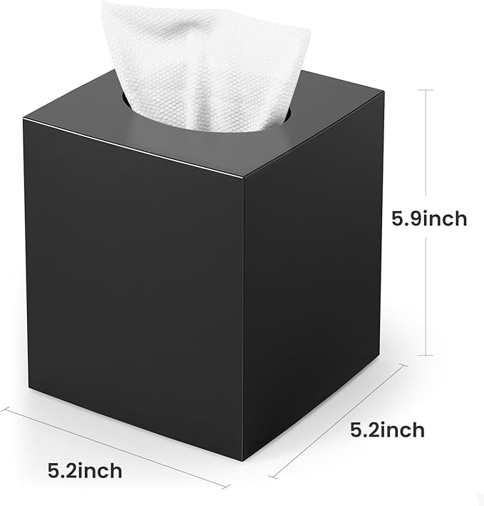 Tissue Box Cover, Square Facial Acrylic Tissue Box Holder with 2 Pack Clear Qtip Holder Dispenser, Bathroom Vanity Dresser Night Stand Essentials Accessories Decor, Modern Farmhouse Decor,Black