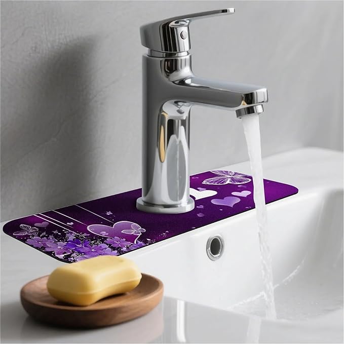 Kitchen Sink Splash Guard，Purple flowers and butterflies Faucet Mat Sink Gadgets-Super Absorbent Fast Drying Mat Drip Catcher for Kitchen, Bathroom,Sink Mat, Dish Drying Mat, Bathroom(15" X 5.5" )