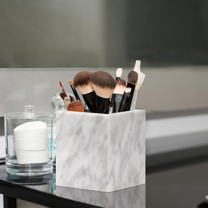 Natural Marble Toothbrush Holder for Bathroom Countertop (8.5x8.5x10cm) - Multifunctional Organizer for Makeup Brushes, Vanity Accessories & Utensils Sink(Carrara White)