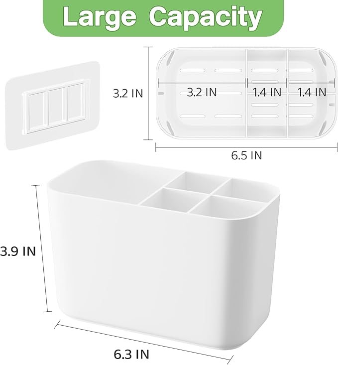 Toothbrush Holder for Bathroom Countertop and Wall with Adhesive, 5 Slots Family Size Electric Tooth Brush and Paste Holder, Kids Tooth Rush Holders and Toothpaste Organizer - White