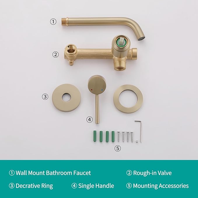 Weshi Bathroom Faucets Wall Mount Brushed Gold Bathroom Basin Faucet - Single Handle Vanity Tap - Curved Wall Spout Sink Faucet with Rough-in Valve